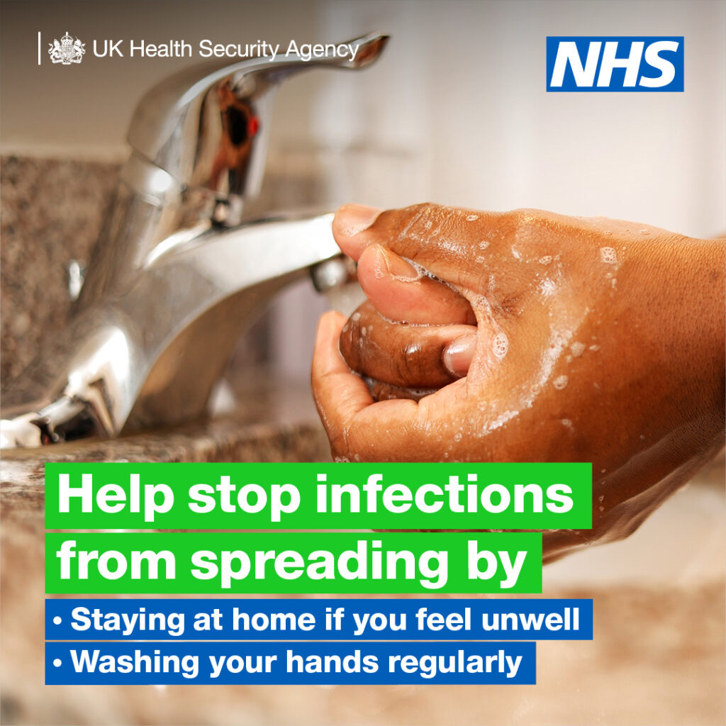 Hands being washed under a tap. Text on the image says 'Help stop infections from spreading by staying at home if you feel unwell and washing your hands regularly